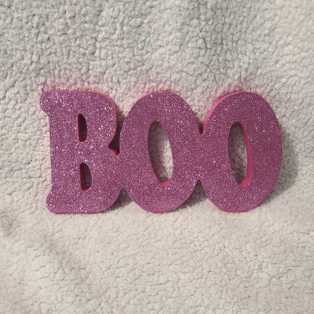 Pink Glitter BOO Halloween Tabletop Sign Decorative Word Art Freestanding